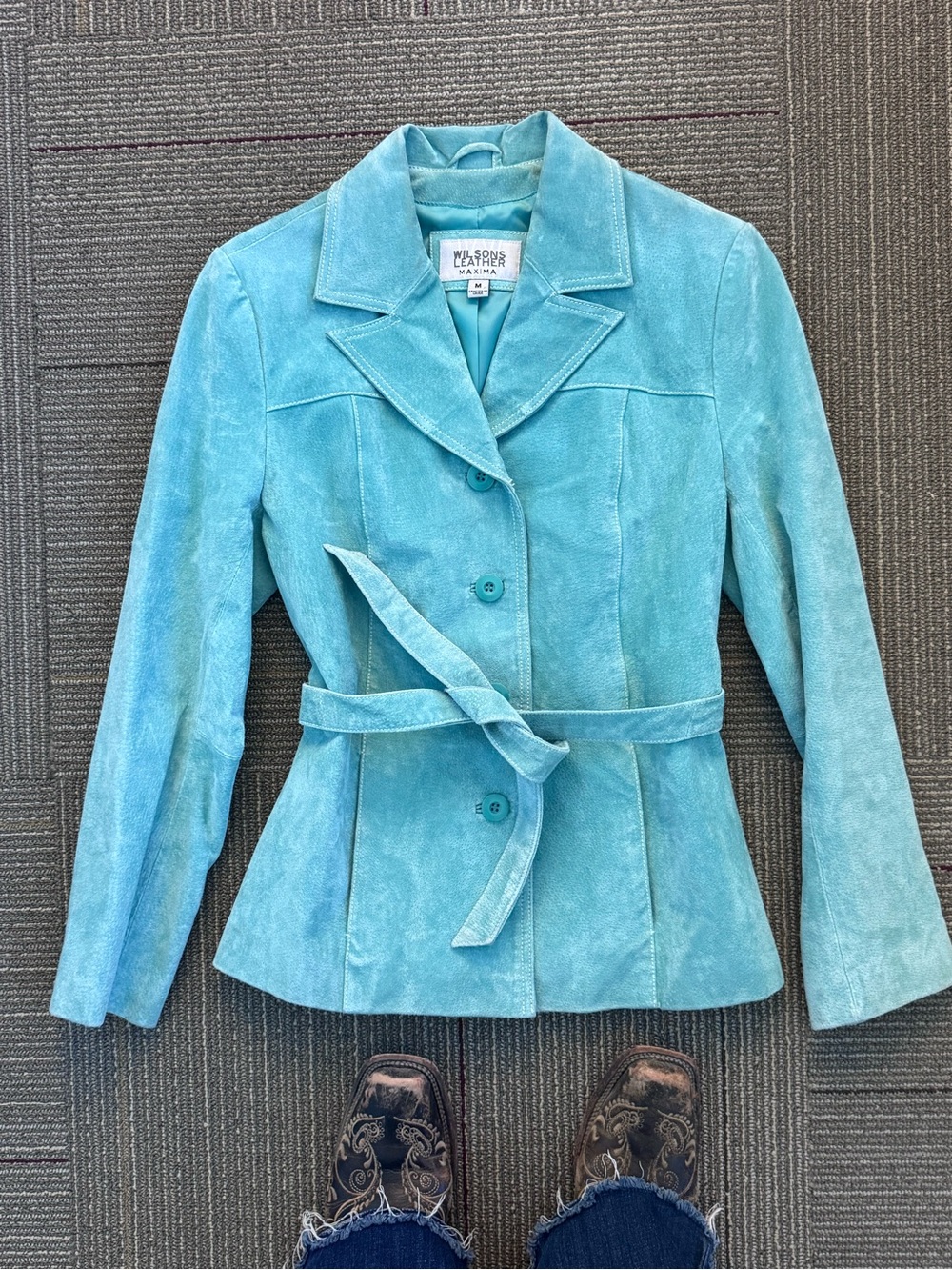 Wilsons Leather Maxima Suede Jacket | Belted | Size M | Aqua Green